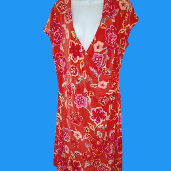 Jones New York Dresses & Skirts - Orange Tropical Floral Print Faux Wrap Dress XL